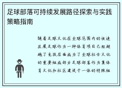 足球部落可持续发展路径探索与实践策略指南